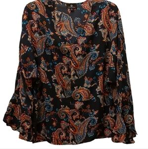 Gorgeous Curations Paisley Boho Blouse Fluted Sleeves M in Navy and Multicolor